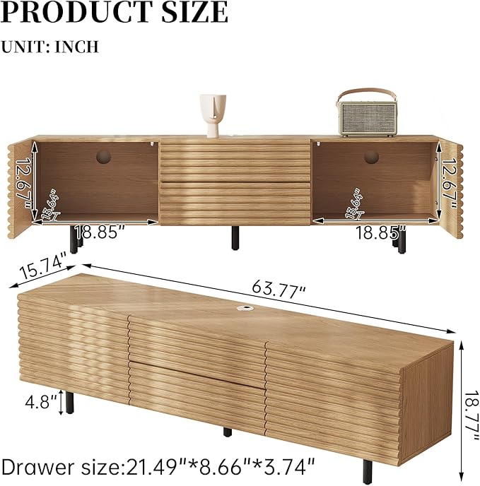 Mid-Century Modern Television Stand, Media Console with Storage Doors, Entertainment Center for TVs up to 60 Inch, Fluted TV Consoles for Living Room,Bedroom