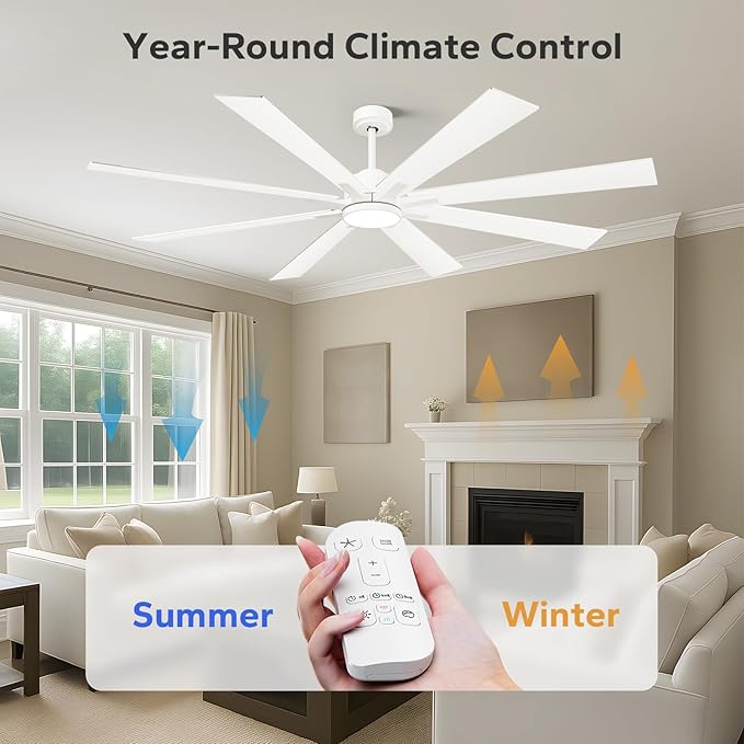 72 Inch Large Outdoor Ceiling Fans for Paitos with Light Remote, Modern Industrial Ceiling Fan with White/Oak Blade 6 Speed Quiet Reversible DC Motor, Dimmable High CFM Ceiling Fan for Indoor/Exterior