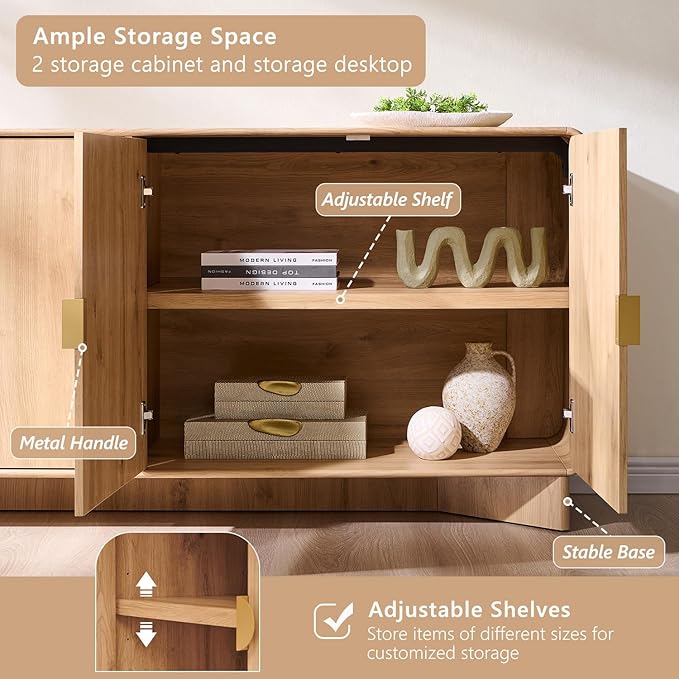 Modern Buffet Cabinet with Storage, 70" Large Sideboard Buffet Storage Cabinet with 4 Doors and Adjustable Shleves, Wooden Curved Coffee Bar for Dining Room, Kitchen, Living Room, Natural Oak