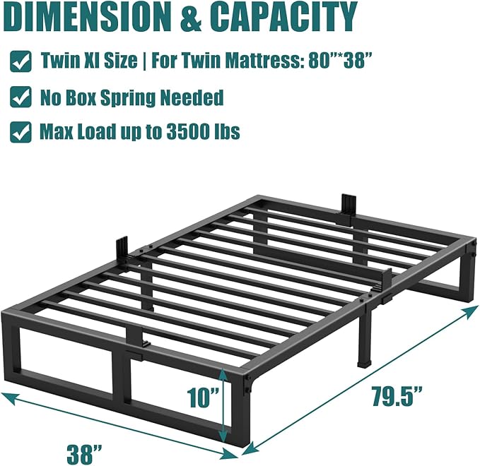 10 inch Twin XL Bed Frame Low Profile Metal Platform Frames with Mattress Slide Stopper,Heavy Steel Slats Support,No Box Spring Needed,Noise Free,Non-Slip,Easy Assembly