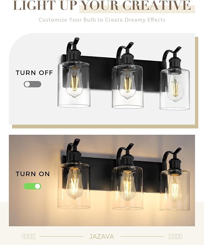 3-Light Black Bathroom Light Fixture Over Mirror, Modern Vanity Light, Clear Glass Wall Sconce, VL01BK-3