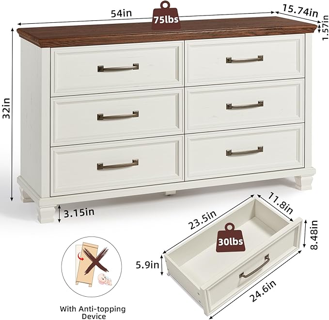 Farmhouse White 6 Drawer Dresser for Bedroom, 54 inch Wide Vintage Large Chest of Drawers with Square Wood Legs, Rustic TV Console for Living Room, Wooden Storage Closet Dressers for Home