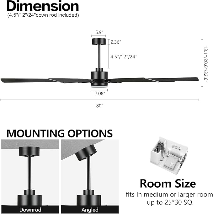 ELEHINSER 80 Inch Ceiling Fan with Lights and 3 Downrods, 8 Plywood Blades, 6-Speed Noiseless Reversible DC Motor, 3CCT, Windmill Ceiling fan for Kitchen Bedroom Living Room, Matte Black