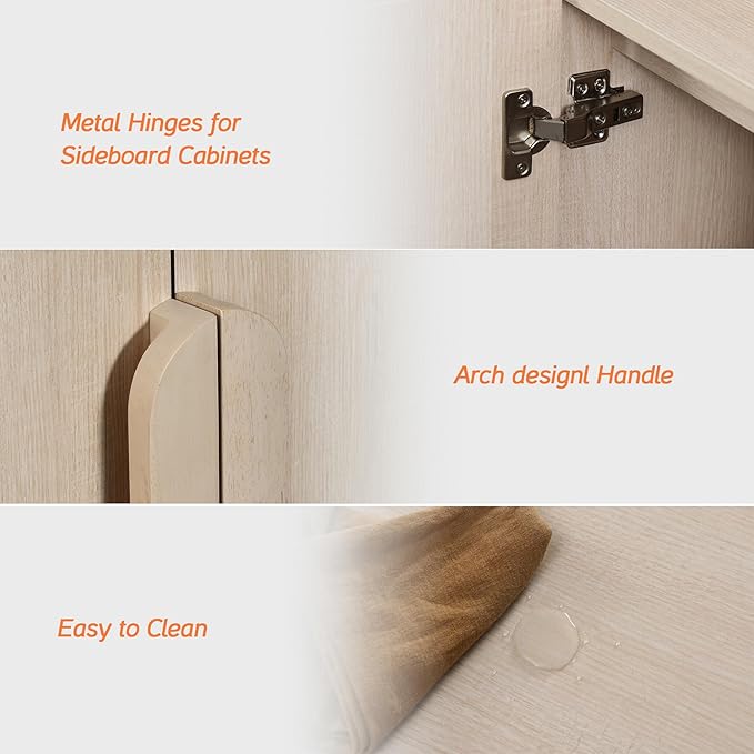 WAMPAT 126" W Large Buffet Sideboard Cabinet with Storages, Modern Buffet Table Coffee Bar Wine Bar Storage Curved Cabinet with 8 Doors for Dining Room, Living Room, Kitchen, Light Oak