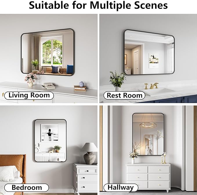 Bathroom Mirror, 30X40 Inch Black Metal Framed Mirror for Bathroom, Tempered Glass, Anti-Rust, Rounded Rectangle Mirror for Restroom, Bedroom, Black