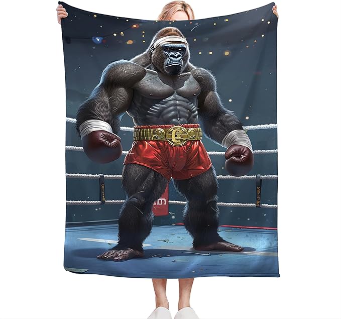 Gorilla Boxing Throw Blanket, 60"x80", Black, 100% Microfiber, Heavy Weight, Water Resistant, Perfect for Couch, Bed, Camping, Gift