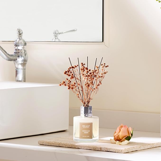 Airkeep Reed Diffuser Set,3.38 fl oz (100 ml) - Moroccan Amber Oil Diffusers with 8 Reed Sticks, Home Fragrance Reed Diffuser for Bathroom Shelf Decor