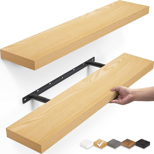 BAYKA Floating Shelves, 22.5 inch Rustic Wood Wall Mounted Shelves Bathroom, Bedroom, Living Room, Kitchen, Hanging Shelf for Books/Storage/Decor (Oak-Toned,Set of 2)