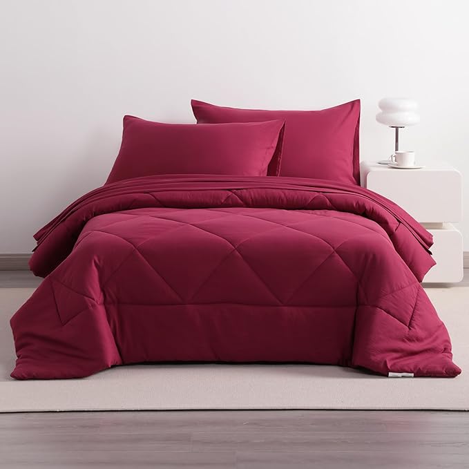NTBAY Twin Comforter Set with Sheets, 5 Pieces Soft and Breathable Twin Bedding Set, Twin Bed in a Bag, Down Alternative Comforter Set Solid Color All Season, Kids Bedding Set, Wine Red