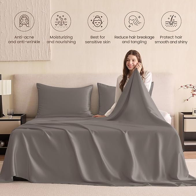 THXSILK Silk Sheet Set 5Pcs, 6A+ Top Grade 100% Pure Mulberry Silk Bed Sheets, Ultra Soft Durable Luxury Bedding Sets, 2 Fitted Sheet, 1 Flat Sheet and 2 Pillowcases (Split King, Charcoal)