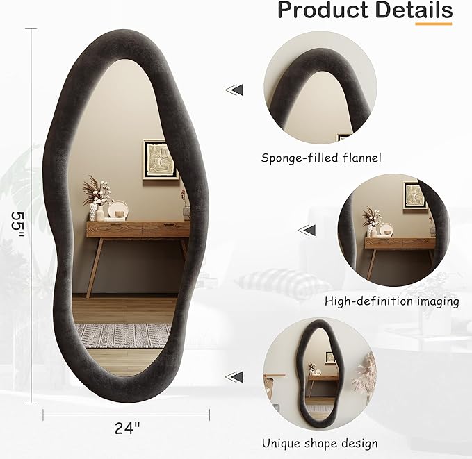 Honyee 55" x 24" Wavy Mirror, Flannel Wrapped Wooden Frame, Irregular Hanging for Cloakroom/Bedroom/Living Room, Black