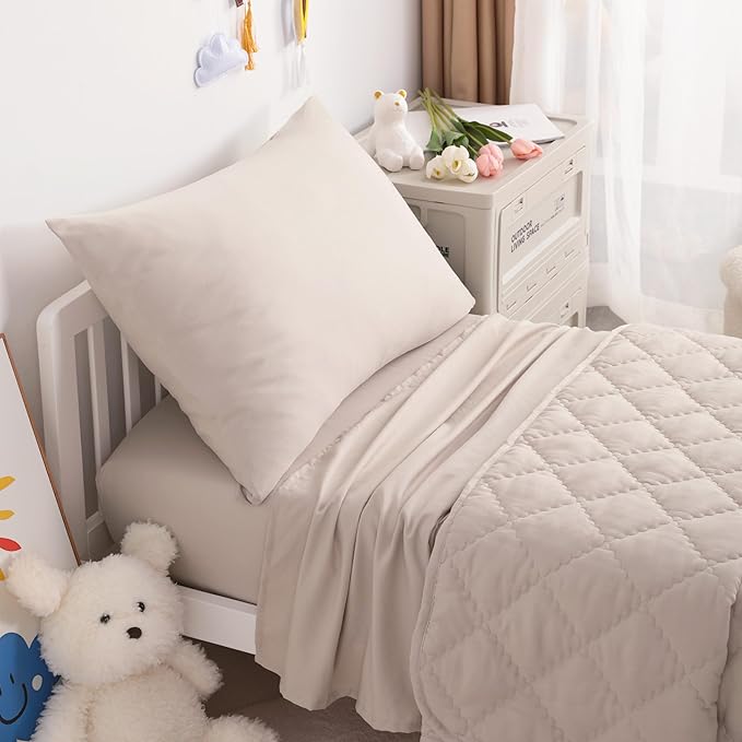 NTBAY Toddler Bedding Set - 4 Piece Soft and Breathable Crib Bedding Set for Boys and Girls, Includes Quilted Comforter, Fitted Sheet, Flat Top Sheet and Envelope Pillowcase, Taupe