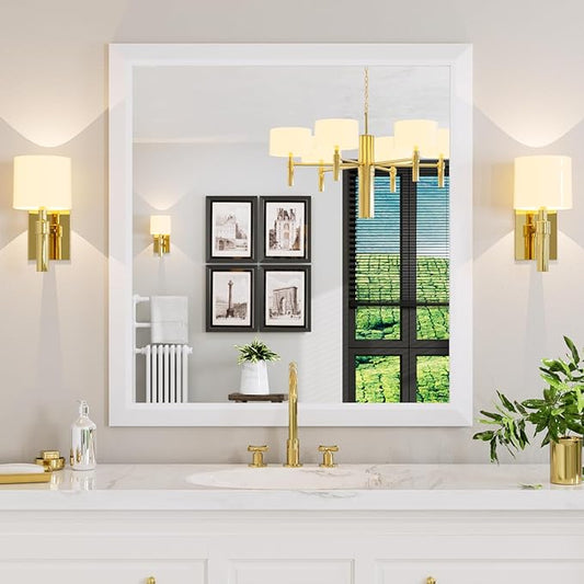 Amorho Bathroom Mirror, 40X38 Inch White Thick Metal Framed Wall Mirrors for Over Sink, Bedroom, Living Room, Entryway, Rectangle Wall-Mounted Mirrors(Horizontal/Vertical).