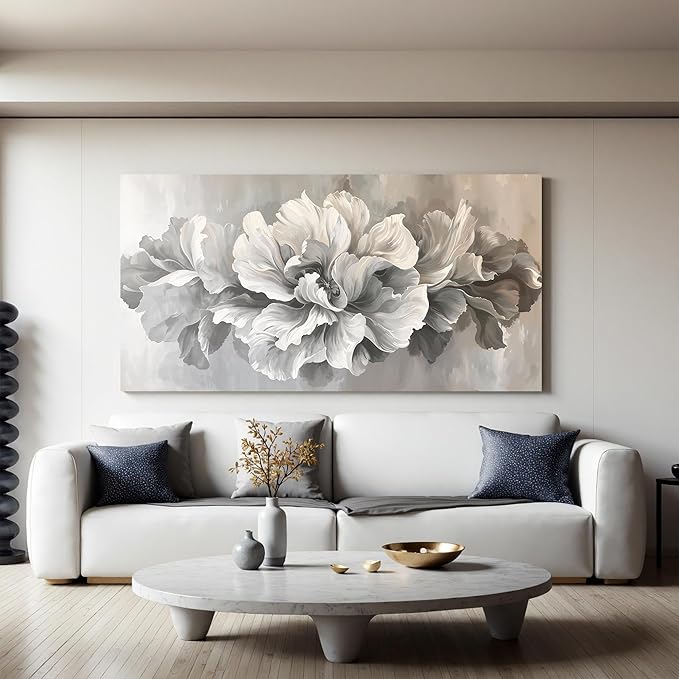 Canvas Wall Art Decor Large White Flower Wall Art Decor For Living Room Decor Pictures Prints Modern Aesthetics Wall Art Gray Floral Art Wall Decor For Home Bedroom Office Room Wall Decor 24×48 Inch