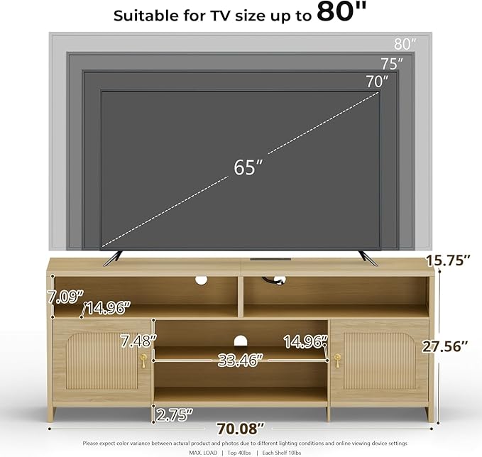 Fluted TV Stands for 70/75/80/85 Inch TV, TV Stand with LED Light and Open Storage Shelf, Mid Century Modern TV Stand with Outlet, Blister Door, Wood TV Cabinet for Living Room, Natural Oak