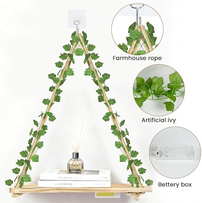 RICHER HOUSE Artificial Ivy LED-Strip Wall Hanging Shelves Set of 2, Macrame Shelf no Drilling for Living Room Decor, Bedroom, Kitchen, Wood Hanging Plant Shelves for Wall Décor