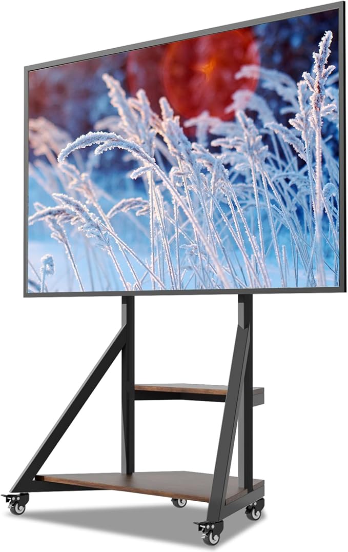 unho Floor TV Stand with Mount, for 40 45 55 65 75 inch Corner tv Stand with Wheels Adjustable Height Bracket Heavy Duty 2 Wooden Shelves Base VESA 600x400mm Max Load Bearing 176 pounds