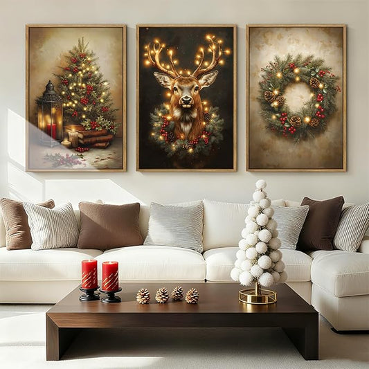 Anyzal Christmas Wall Art Winter Christmas Tree Prints Santa Elk Wall Decor for Living Room Bedroom Dining Room 12x16 Inch