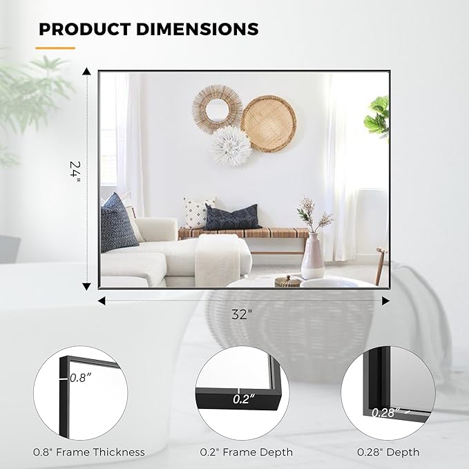 24x32 Inch Black Bathroom Mirror for Wall, Aluminum Frame Rectangle Rectangular Vanity Mirror, Modern Large for Bedroom, Living Room, Horizontal or Vertical