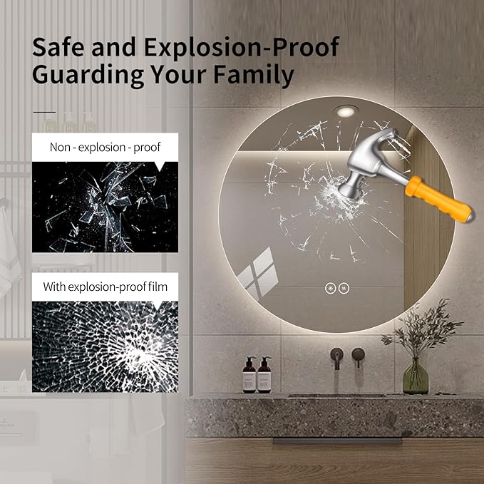 Round LED Bathroom Mirror with Light, Backlit Mirror for Bathroom, Frameless LED Smart Vanity Mirror with 3 Color Lights, Anti-Fog, Smart Touch Button, Shatter-Proof, IP65, 90+ CRI (32" L x 32" W)