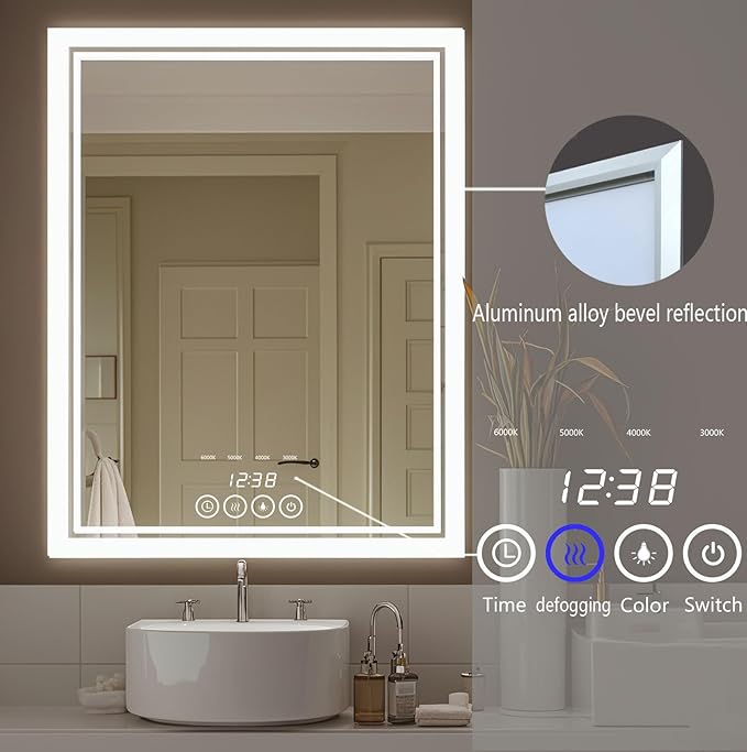 28 x 36 Inch Wall-Mounted Bathroom Mirror with LED-Lights - Frame Vanity Mirrors (28" x 36", Rectangle)