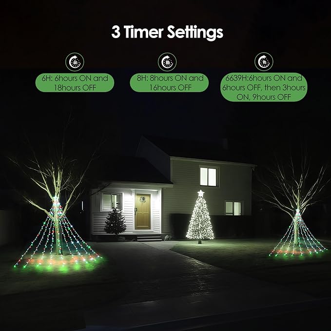 WBao Outdoor Christmas Decorations with 12" Star Topper, 344 LED 11.9ft Waterfall Christmas Lights, Remote Control 8 Modes, 3 Timers, UL Listed Waterproof for Tree Roof Porch Decor, Red Green White