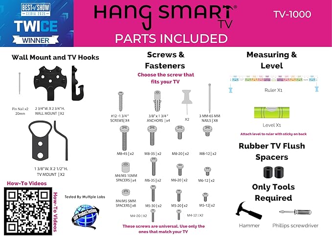 HangSmart TV® Wall Mount NO Stud - Original & Patented Easy Install, DIY for 19-100" TVs, Holds Up to 150LBS, Fits Most LED LCD Flat Screens & Monitors, Includes Hardware