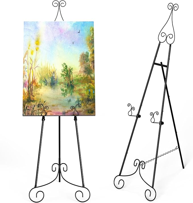 1 PC Easel Stand for Sign, Metal Poster Easel Holder, Adjustable Wedding Sign Stand with Chain Support for Display, Party Painting, Black.