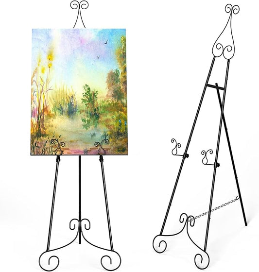 1 PC Easel Stand for Sign, Metal Poster Easel Holder, Adjustable Wedding Sign Stand with Chain Support for Display, Party Painting, Black.