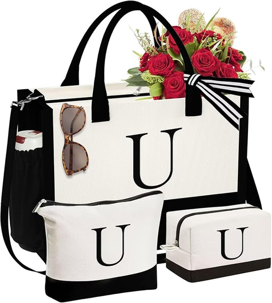YOOLIFE Christmas Gifts for Women - Initial Canvas Tote Bag & Makeup Bag, Birthday Gifts for Women Mom Sister Friends
