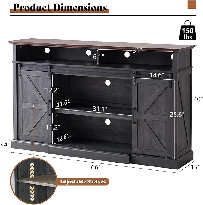 AMERLIFE 66" W Farmhouse TV Stand, Wood 40" H Tall Entertainment Center with Sliding Barn Door & Large Storage Shelves, Rustic Media Console for TVs up to 75", Dark Grey