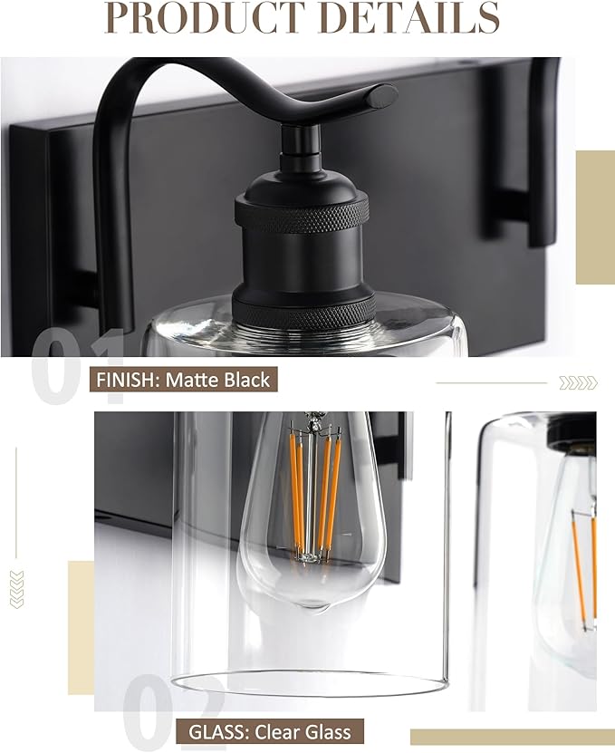 3-Light Black Bathroom Light Fixture Over Mirror, Modern Vanity Light, Clear Glass Wall Sconce, VL01BK-3