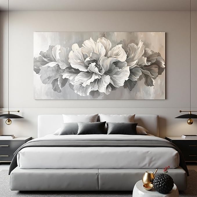 Canvas Wall Art Decor Oversized White Flower Wall Decor For Living Room Pictures Art Decoratives Prints Modern Aesthetics artwork Gray Floral Wall Art For Home Bedroom Office Room Wall Decor 29×58 In