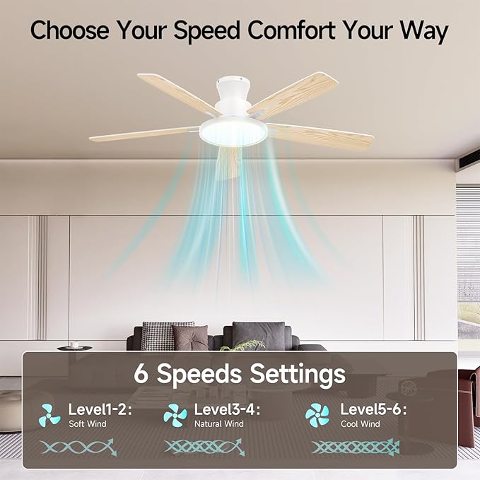 Ceiling Fans with Lights,52 inch,Quiet,Reversible Motor,Dimmable, Adjustable Color Temperature,6 Speeds,Timer, Low Profile Ceiling Fan for Bedroom,Living Room,Indoor/Outdoor Use(White)