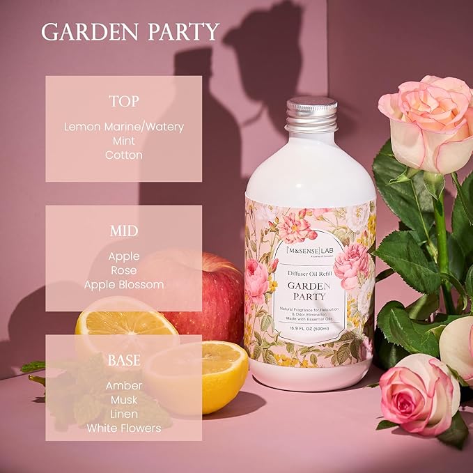 M&SENSE Reed Diffuser Oil Refill, 16.9oz (500ml) with 10 Hollow Reed Sticks, Garden Party Scent Home Fragrance, Scented Oil Refills, Natural Essential Oils for Diffusers, Décor for Home Spa & Office