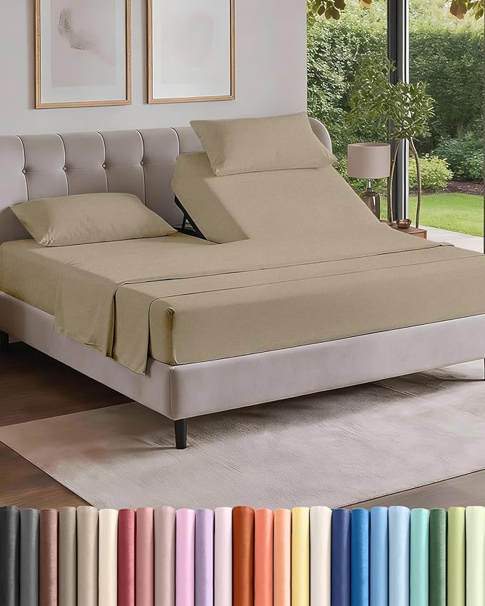 Split Head King Sheet Set – 4 Piece Flex Split Top King Sheets for Adjustable Beds - Fits 14” to 16" Mattress w/ Deep Pockets - Breathable & Cooling - Luxury Bedding and Wrinkle Free - Heathered Beige