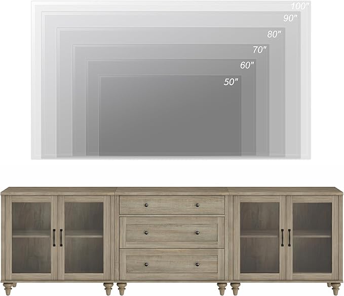 WAMPAT TV Stand for 100 Inch TV, 3-in-1 TV Console Table for 75/80/85/90 Inch TV, Entertainment Center with Glass Door & Drawer, Kitchen Sideboard Buffet Cabinet for Dining Room, Grey Wash