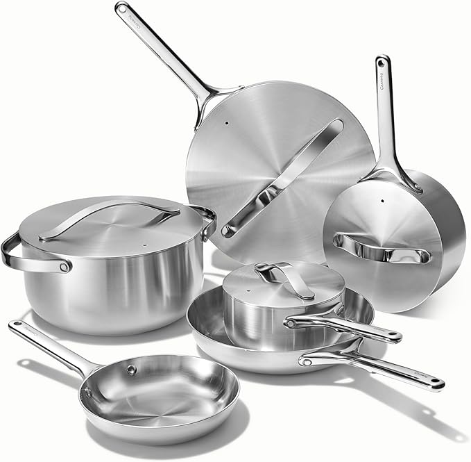 Caraway Stainless Steel Deluxe Cookware Set (16 Piece) - 5-Ply Stainless Steel Pots, Frying Pans, Lids and Kitchen Storage - Non Toxic, PTFE & PFOA Free