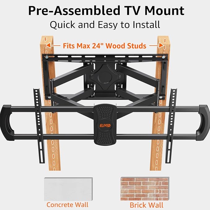 ELIVED Heavy Duty TV Wall Mount for Most 42"-90" TV Up to 200 LBS, Max VESA 800x400mm, Pre-Assembled Wall Mount Bracket, Full Motion Swivel tv Mount Fits 24"/18"/16" Wood Studs, YD3028