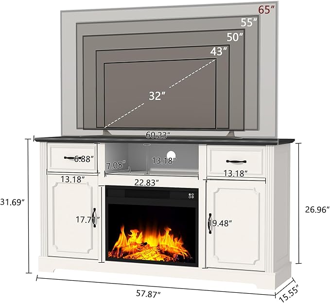 ARTPOWER Fireplace TV Stand for TV up to 65'', Consoles Cabinet with Adjustable Shelves, Modern Entertainment Center with Storage for Living Room, White