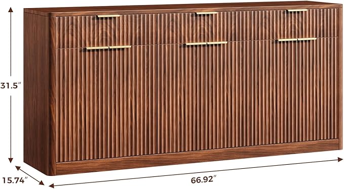 Evermagin 67" Fluted Walnut Sideboard Buffet Cabinet with 3 Drawers, Modern Credenza with Storage, Console Coffee Bar Cabinet for Kitchen, Living Room and Entryway (67" W x 31.5" H x 15.7" D)