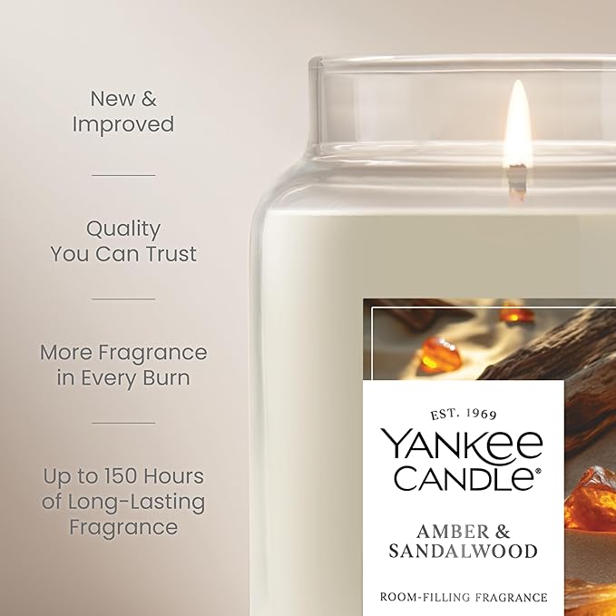 Yankee Candle Amber & Sandalwood, Scented Candle, 22oz Large Jar with up to 150 Hour Burn Time, Giftable