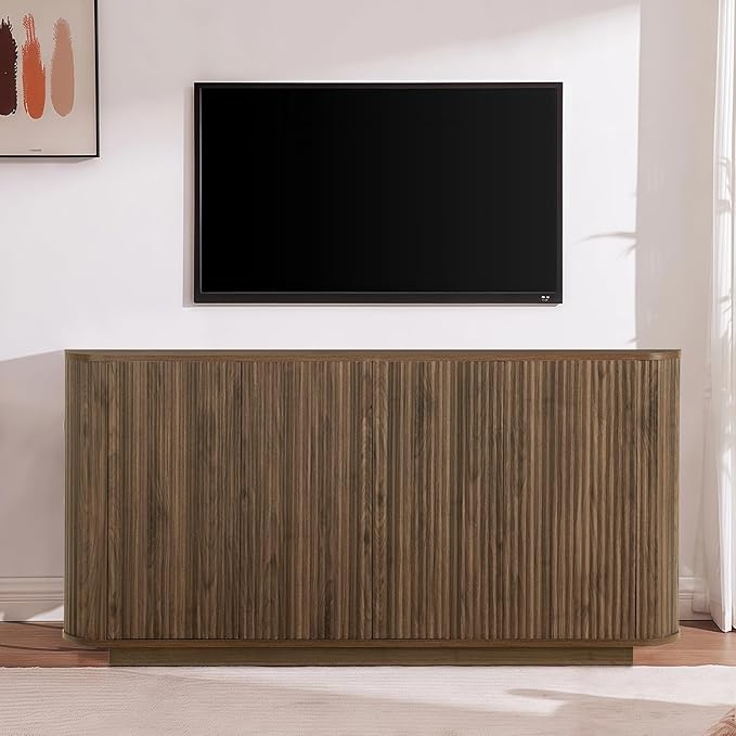 64" Sideboard Buffet Cabinet with Storage, Modern Fluted Accent Credenza with Adjustable Shelves, Wood Media Console Coffee Bar Table for Living Room Kitchen Dining Room, 31.5" H, Walnut