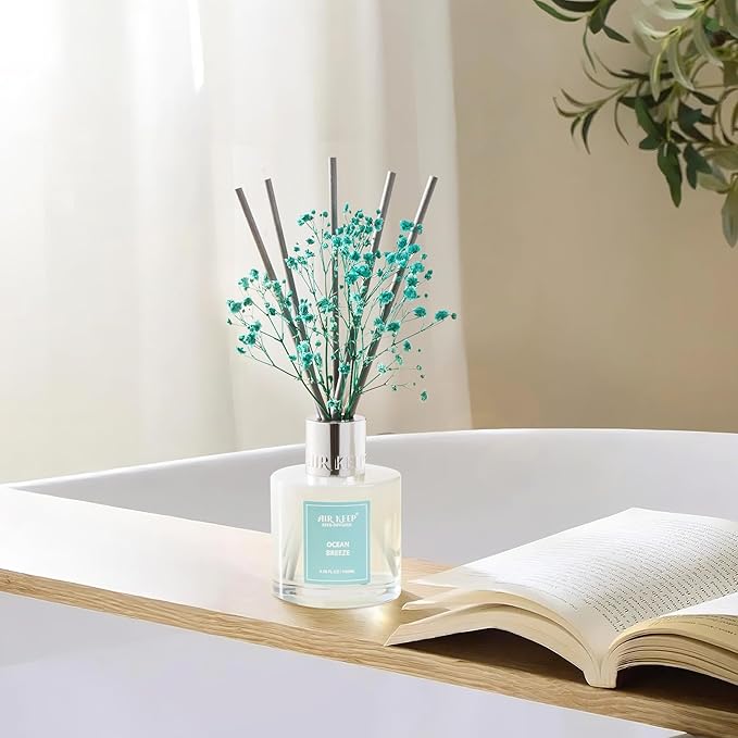 Airkeep Reed Diffuser Set,3.38 fl oz (100 ml) - Ocean Breeze Oil Diffusers with 8 Reed Sticks, Home Fragrance Reed Diffuser for Bathroom Shelf Decor