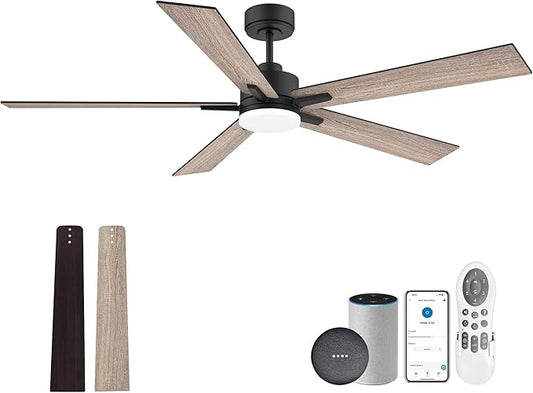 60 Inch Smart Ceiling Fan with Lights Remote,Control via Alexa Google Voice App WiFi,Quiet DC Motor,Dimmable,Outdoor Indoor Modern Ceiling Fans for Large Bedroom Patio Porch,Brown Black Walnut