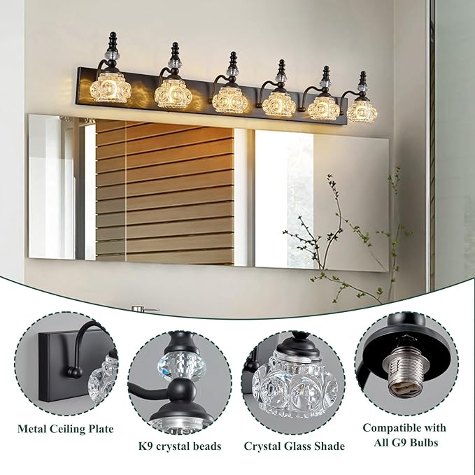 Modern Crystal Bathroom Vanity Light Black Vintage Bathroom Light Fixtures 6-Lights Glass Crystal Vanity Lights