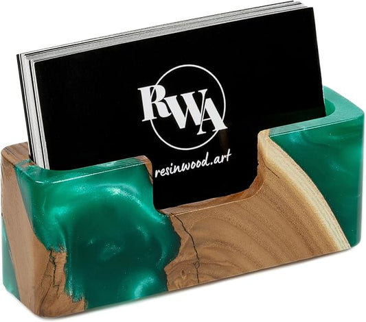 RWA Emerald Business Card Holder – Luxury Square Desk Organizer, Stylish Office Decor, Slim Card Holders - Wood & Epoxy Card Display Stand for Men and Women, Office Desk Accessories - SMART, green