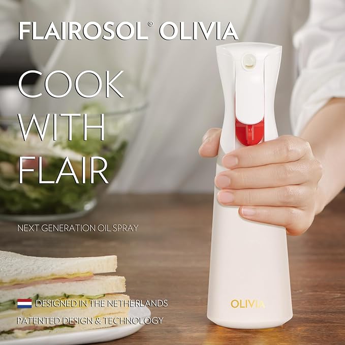 FLAIROSOL OLIVIA Oil Sprayer for Cooking, 200ml Glass Olive Oil Sprayer, Continuous Cooking Spray with Portion Control, Oil Dispenser for Kitchen, Air Fryer, Salad, BBQ (White Bottle, Gold Print)