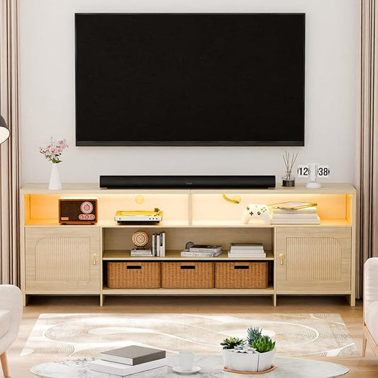 Fluted TV Stands for 70/75/80/85 Inch TV, TV Stand with LED Light and Open Storage Shelf, Mid Century Modern TV Stand with Outlet, Blister Door, Wood TV Cabinet for Living Room, Natural Oak