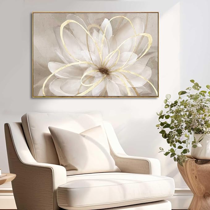 SOUGUAN White Flower Picture Gold Botanical Paintings for Wall Decorations Wall Art for Living Room Bedroom Office Home Decor 24"x36"